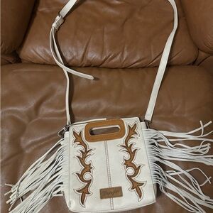 Wrangler Tan and Cream Crossbody Bag with Fringe